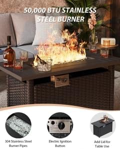 Aoxun 44" Propane Fire Pit 50,000 BTU Outdoor Wicker Fire Table with Wood-grainTabletop Patio Rectangular 2-in-1 Gas Fire Pit Table with Firepit Lid and Waterproof Cover(Black Rattan& Black Tabletop)