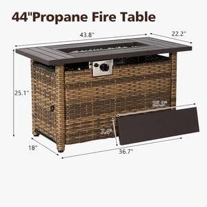 Aoxun 44" Propane Fire Pit 50,000 BTU Outdoor Wicker Fire Table Patio Rectangular 2-in-1 Gas Fire Pit Table with Firepit Lid and Waterproof Cover(Brown Rattan,Brown Top)