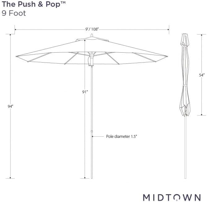 Midtown Umbrellas Push and Pop 9 Feet Outdoor Umbrella, Bright Orange Polyester Fabric - Fiberglass Ribs Deck Patio Umbrella, Backyard Umbrella, Garden Umbrella & Pool Umbrella - Black Pole