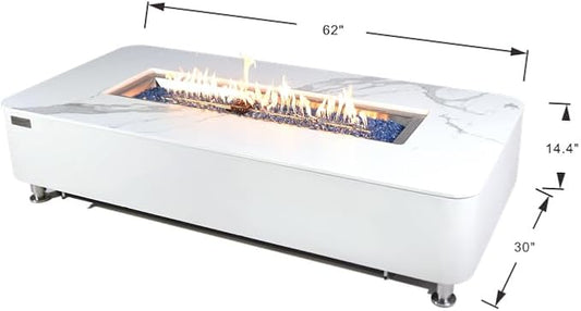Elementi+ | Athens Gas Fire Pit | Cast Concrete Body & Marble Porcelain Top | 62" Rectangular Fire Table | Electronic Ignition | Canvas Cover, Fire Glass & Burner Lid Included | White | Propane Gas
