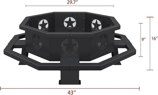 43 inch Large Fire Pit, Outdoor Fire Pit with Heavy Duty Construction, Wood Burning Fire Pits for Outside Octagonal Firepit for Camping, Backyard, Patio, Black