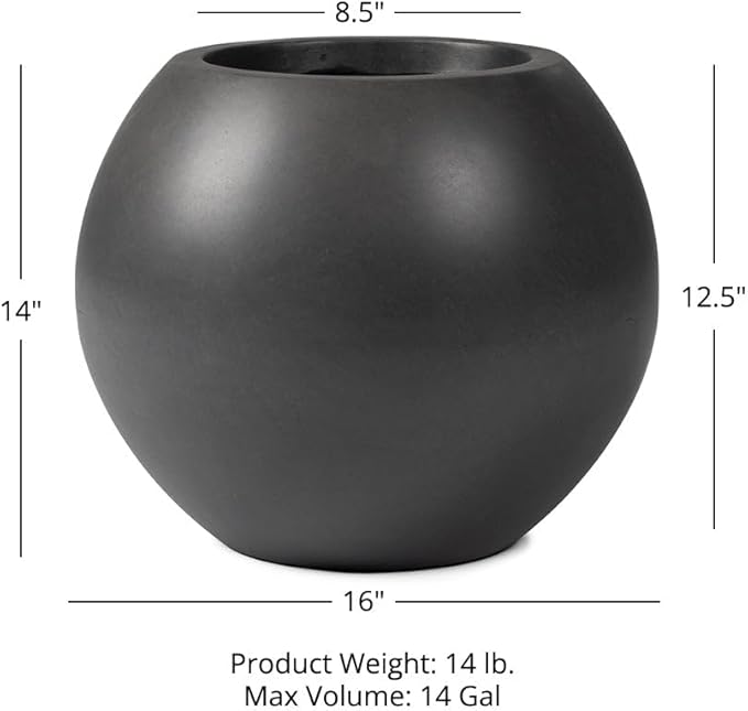 Ash & Ember 16" Round Sphere Charcoal Planter, 14 Gallon Lightweight Fiberstone Composite with Weather-Resistant Finish, Modern Planter Pot for Indoor and Outdoor Plants