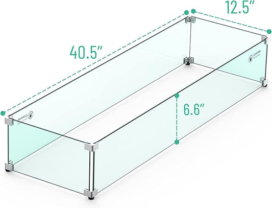 Skyflame Linear Fire Pit Wind Guard – 40.5" x 12.5" Thick Tempered Glass Firepit Screen/Clear Shields for Propane Fire Pit Table