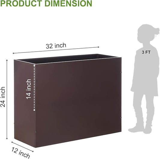 BAYN Metal Rectangular Planter Box Tall Planters for Outdoor Plants Modern Heavy Duty with Drainage Holes for Outside Indoor Patio Deck - Brown, 32”x 12”x 24”