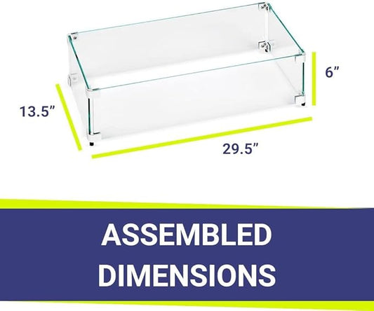 American Fireglass Tempered Glass Flame Guard for 24" x 8" Rectangular Drop-in Fire Pit Pans | Outdoor Wind Guard with Aluminum Fire-Resistant Brackets & Non-Slip Feet | 29.5-inch x 13.5-inch x 6-inch