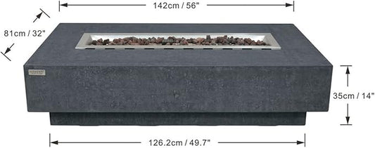 Elementi | Hampton Gas Fire Pit Cast Concrete 56" Rectangular Fire Table, Outdoor Fire Pit Electronic Ignition | Canvas Cover, Lava Rock Included | Dark Gray (Propane Gas)