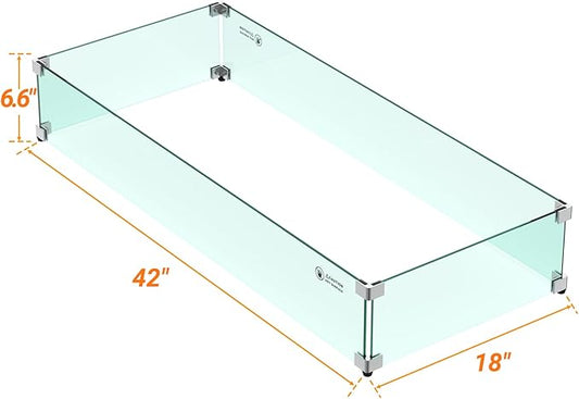 Skyflame 42" X 18" Rectangular Fire Pit Glass Wind Guard Replacement for Outdoor