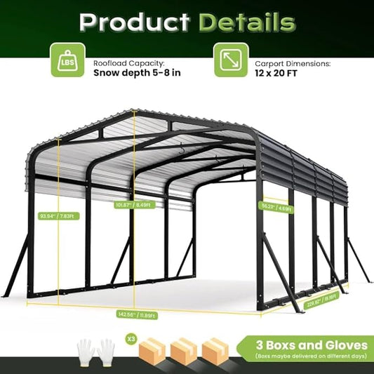 12x20FT Metal Carport, Heavy Duty Car Garage w/Reinforced Support Rods and Windproof Ground Anchors, All-Weather Multi-Use Outdoor Shelter for Car, Boats and Truck