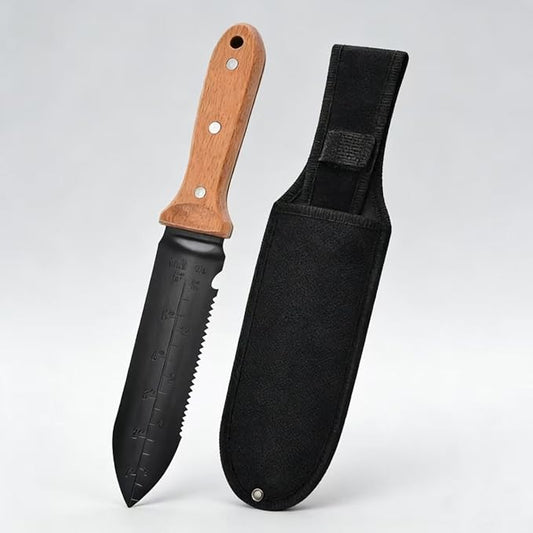 Hori Hori Garden Knife -Stainless Steel Blade with Oxford Sheath, Multi-Purpose Gardening Tool for Weeding, Digging, Planting, Cutting, Ergonomic Wooden Handle with Hanging Hole Gardening Hand Tools