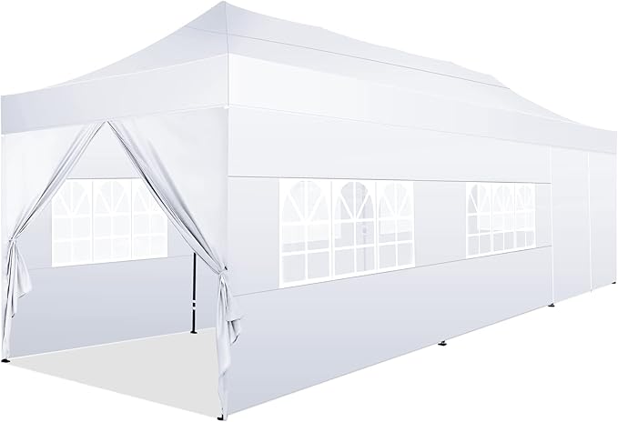 COBIZI 10x30 Pop Up Canopy with 8 Sidewall,Heavy Duty UPF 50+ All Season Wind Waterproof Commercial Outdoor Wedding Party Tents for Parties Canopy Gazebo with Roller Bag(10 x 30 ft White)