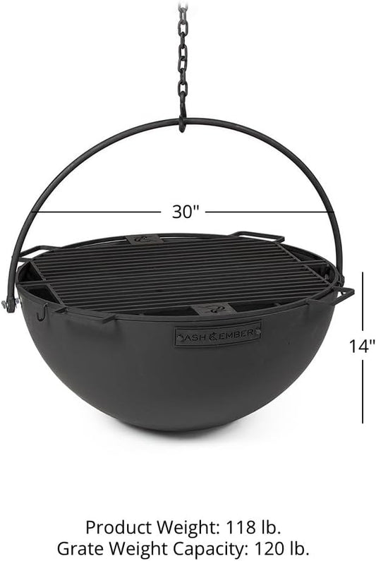 Ash & Ember 30" Cast Iron Cauldron Fire Pit Bowl with Double Hinged Grill Grate-Easy-Lift Handles & Handing Chain, Round Wood Burning Patio Fire Bowl for Backyard Patios