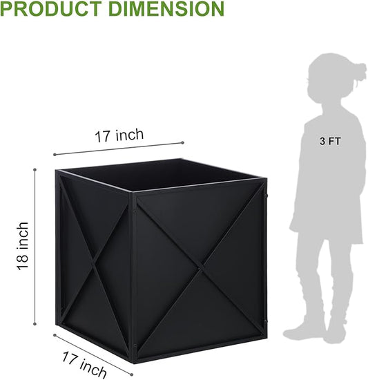 BAYN Metal Square Planter Box Tall Planters for Outdoor Plants Modern Heavy Duty with Drainage Holes for Outside Indoor Patio Deck - Black, 17”x 17”x 18”