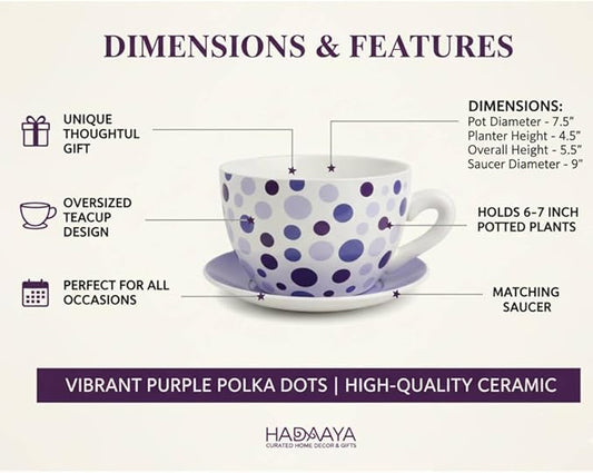 7.5” Round Ceramic Teacup Planter with Saucer – Purple Polka Dot Design Pot for Succulents, Orchid, Herbs & Indoor Houseplants/Flowers for Bithday & Home Decor & Any Other Occasion