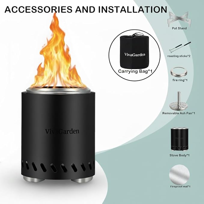 Smokeless Tabletop Fire Pit, VivaGarden Portable Outdoor Fire Pit for Camping, Patio, Backyard, Wood and Pellets Burning Camping Stove with Carry Bag, Forks, Mat and Pot Stand (9.7x7.1 Inch, Black)