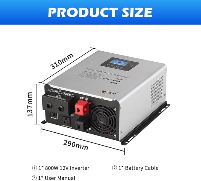 Ampinvt 800W Pure Sine Wave Inverter with AC Charger, DC 12V to AC 120V Output,UPS Backup Power Low Frequency Inverter for Lithium, Sealed,AGM, Gel,and Flooded Batteries