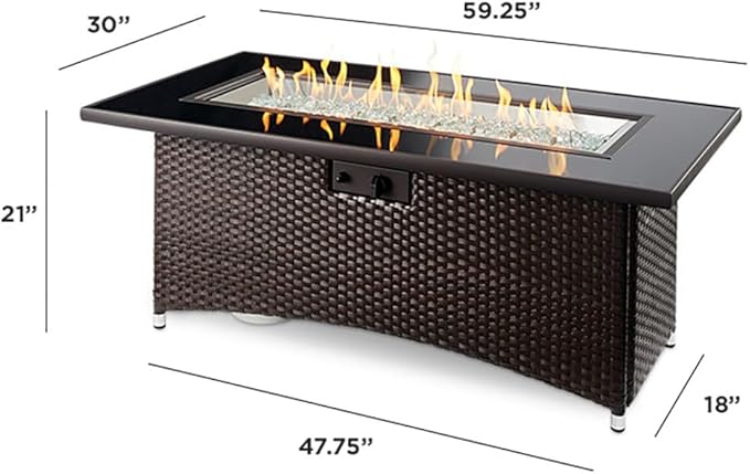 Outdoor GreatRoom Co Propane Fire Pit Table - Balsam Montego Gas Fire Pits for Outside Patio - 60 Inch Rectangular Glass Top Firepit Fire Table with Matching Tabletop Cover, Wicker Base, 80,000 BTU