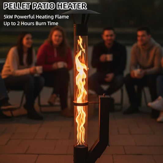 Outdoor Wood Pellet Patio Heater for Outdoor, Stainless Steel Fire Pit with Rain Cap, 2-Hour Burn Time for Backyard, Deck, Camping, Matte Black