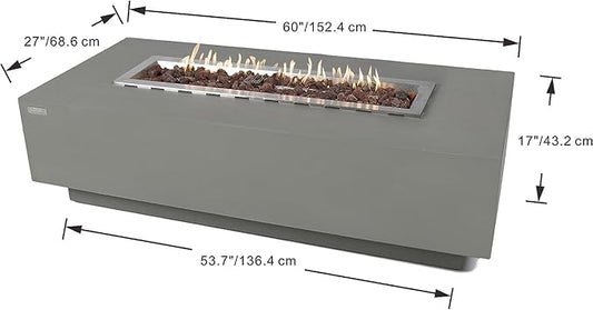 Elementi | Bundle Granville Gas Fire Pit Cast Concrete 60" Rectangular Fire Table, Outdoor Fire Pit Electronic Ignition | Canvas Cover, Lava Rock Included | Light Gray (Natural Gas)