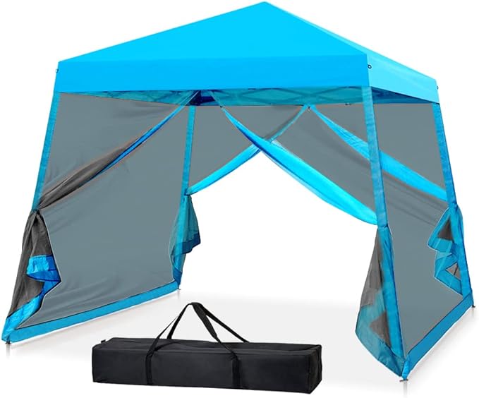 INTER HUT 10x10 Pop up Canopy Tent with Mesh Netting, Slant Leg Instant Screened House Gazebo, Light Blue