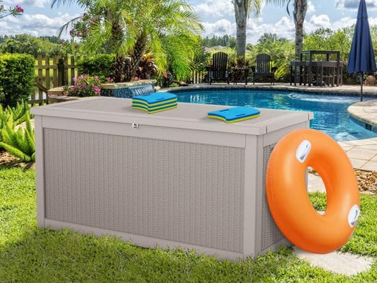 Vixzen 320 Gallon Resin Deck Box, Lockable Outdoor Storage Box for Patio Cushions Storage Furniture,Garden Tools, Pool Supplies, Weatherproof and UV Resistant- Grey