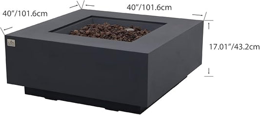 AMS Creations | Brooklyn 40" Bundle Square Propane Gas Outdoor Fire Pit Table | Dark Gray Concrete GFRC Smooth Texture Surface Fire Pit Table