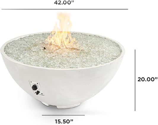 Outdoor GreatRoom Co Propane Fire Pit Table - Cove Gas Fire Pits for Outside Patio - 42 Inch Round Edge Bowl Concrete Firepit Fire Table, Glass Tabletop Cover, Clear Glass Gems, 105,000 BTU - White