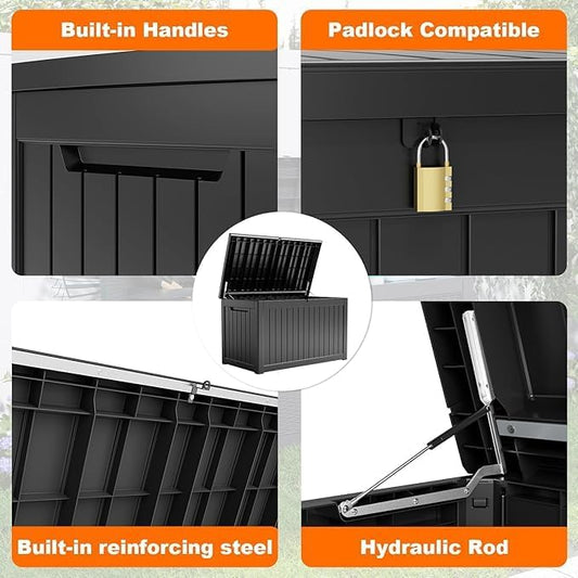 280 Gallon Resin Deck Box, Lockable Patio Outdoor Storage Box for Furniture, Garden Tools and Tools Storage, Waterproof Outside Storage Boxes - Black