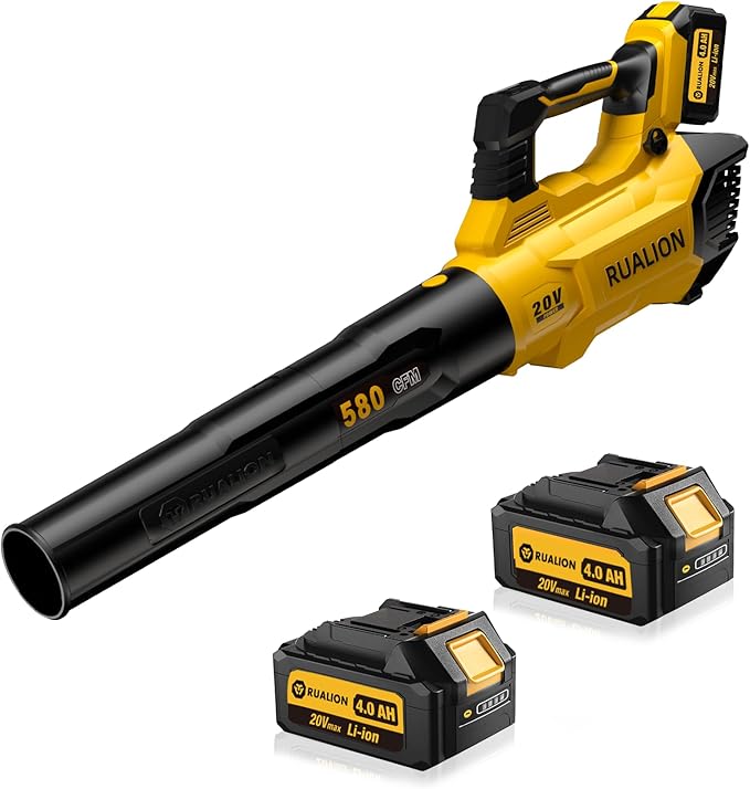RUALION Leaf Blower Cordless, Electric Leaf Blowers Up to 580 CFM 160 MPH, Battery Powered Blowers for Lawn Care, Patio, Garage(2 * 20V 4.0 Ah Batteries and Charger Included)