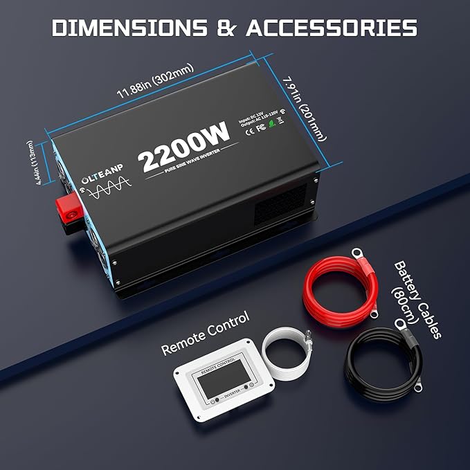 New Upgraded 2200 Watts Pure Sine Wave Inverter, 12V DC to 110V AC Power Inverter with 4 AC Outlets, USB Port, Type-C Port for Truck, Vehicle, Power Outage, Remote Control with LCD Screen