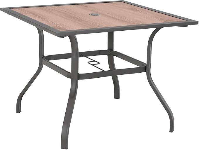 Sophia & William 37" Square Outdoor Dining Table with Umbrella Hole, Imitation of Wooden Surface Patio Dining Table for Lawn Garden, Sturdy Metal Steel Frame with Wood-Like Table top
