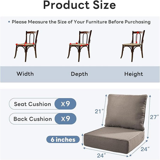 6" Thicker Outdoor Chair Cushion 9 Sets - 24" *24" *6" Waterproof Patio Furniture Cushions with Removable Cover, 28D High Density Sponge Filling Thicken Outdoor Patio Cushions - Grey