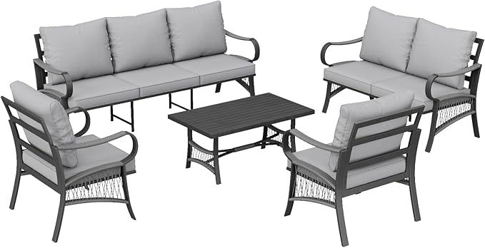 5 Piece Patio Furniture Set, 7 Seat Metal Outdoor Sectional Sofa Set with Thick Cushions, All Weather Patio Conversation Set with Coffee Table for Garden, Porch, Lawn, Grey
