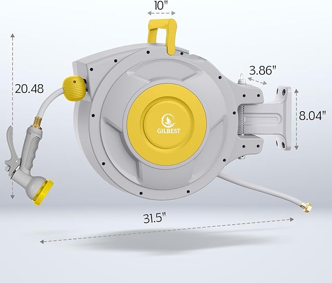 130 ft x 1/2" Retractable Garden Hose Reel, Heavy Duty Water Hose Reel Wall Mounted, Any Length Lock, 180°Swivel, Water Hose with 8-Function Nozzle for Cleaning, Watering (Yellow)