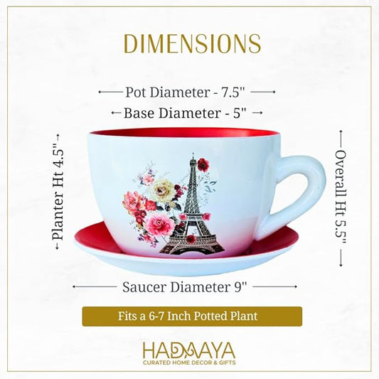 7.5" Ceramic Teacup Planter Pot with Saucer | Ideal for Succulents, Orchids, Herbs & Flowers | Indoor & Outdoor Use for Wedding & Home Decor & More - RED - Paris Eiffel Tower