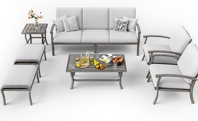 HAPPATIO 7 Piece Aluminum Patio Furniture Set, 3-Seat Outdoor Ottomans and Armchairs, Outdoor Sectional Sofa with Side Table and Coffee Table, Garden Conversation Set for Lawn Deck (Gray)