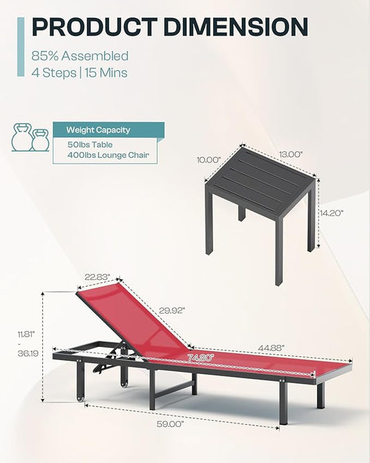 Pool Lounge Chairs Set of 2,Outdoor Lounge Chairs with Wheels and 5-Position Recliner -Easy to Move- Aluminum Patio Lounge Chair for Poolside, Deck (Red)