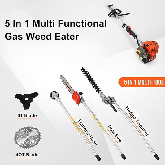 2025 New Gas Weed Wacker, 52cc 5-in-1 Gas Weed Eater, String Trimmer, Hedge Trimmer, Pole Chainsaw with Extension Pole,Brush Cutter, Multi Functional Trimming Tools for Home Yard Garden (Orange)
