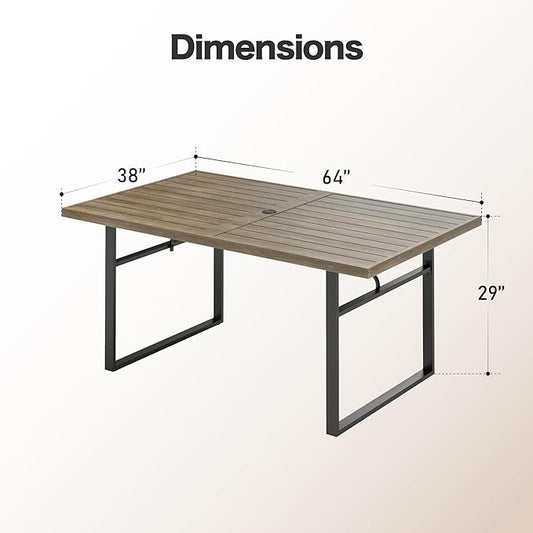 64" Patio Dining Table for 6,Teak Color Rectangle Patio Table with Umbrella Hole,E-Coating and Powder Coating Steel Frame Metal Outdoor Patio Table for Garden Backyard Lawn Yard
