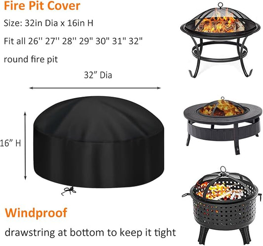 30-Inch Fire Pit Cover for 28-32 inch Round Fire Pit, Heavy Duty 300D Oxford Fabric Waterproof Dustproof Fire Bowl Cover All-Season Protection 32"Dia x 16"H