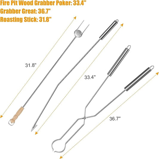 BBQ-PLUS Stainless Steel Fire Pit Tool Kits for Outdoor Fire Pits,Fire Poker & Firewood Tongs & Roasting Sticks Accessroies for Backyard,Picnic BBQ, Fireplace Fire Pit Tools