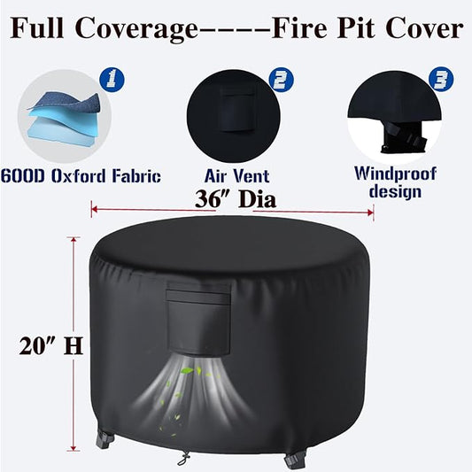 Chinchilla Heavy Duty 36 Inch Round Fire Pit Cover - 100% Waterproof & Weatherproof, Durable All-Season Protection for 33/34/35/36 Inch Propane Fire Pits and Tables