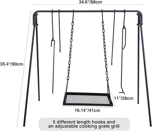 REDCAMP Swing Campfire Grill Stand - Collapsible Campfire Cooking Rack with 6 Hooks & Iron Grill Grate, Portable Dutch Oven Hanger for Outdoor Camping, Cookware, Bonfire, Rectangle