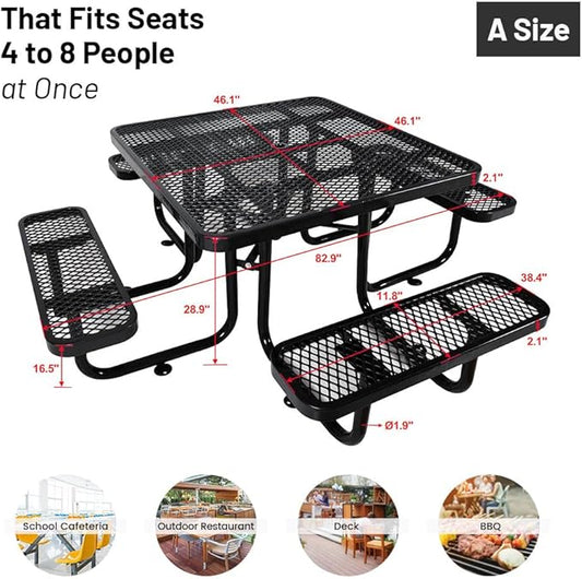 Rueekfil 46" Thermoplastic Picnic Table with Umbrella Hole up to 1.5", Heavy Duty Commercial Picnic Table for Outdoor, Family & Party Ready for School Camping, Square, Black