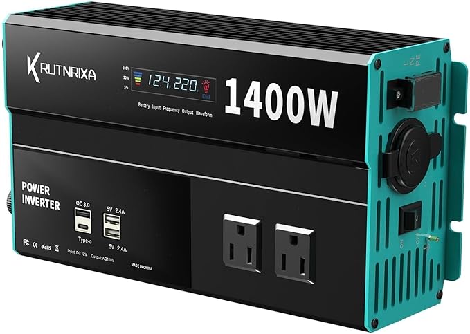 Power Inverters 500W 12V DC to 110V AC Converter for Vehicles USB-C/PD 25W Fast Charging Ports Car Charger Adapter with a Cigarette Lighter Ports Plug Outlet(Modified sine wave-1400W)