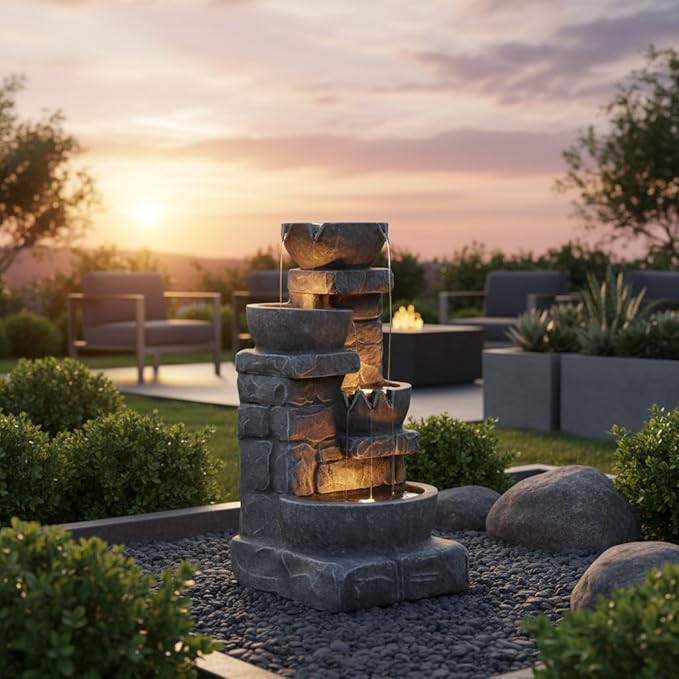 Teamson Home 33.25 in. Cascading Bowls and Stacked Stones LED Outdoor Water Fountain for Gardens, Landscaping, Patios, Balconies, and Lawns for a Calming Oasis in Outdoor Living Spaces, Stone Gray