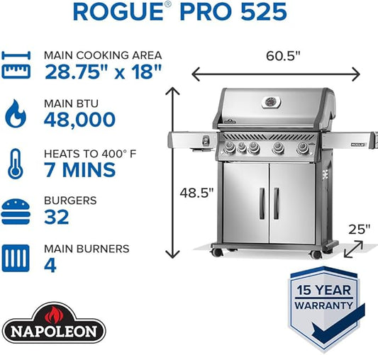 Napoleon Rogue PRO 525 Natural Gas Grill with Infrared Side Burner, Stainless Steel, Durable 5-Burner Gas Grill