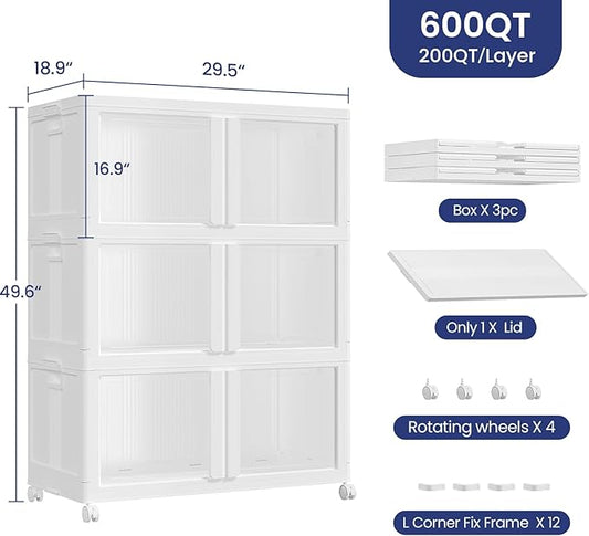 600Qt Stackable Storage Bins with Lid and Wheels, 150Gal Plastic Closet Organizer and Storage Drawer, Large Collapsible Storages Box Cabinet with Clear Door for Home Kitchen, 3Pack White
