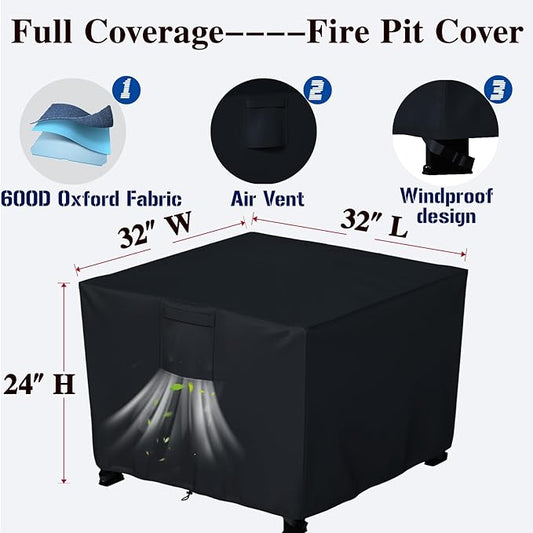 Chinchilla Heavy Duty 32 Inch Square Fire Pit Cover - 100% Waterproof & Weatherproof, Durable All-Season Protection for 29/30/31/32 Inch Propane Fire Pits and Tables