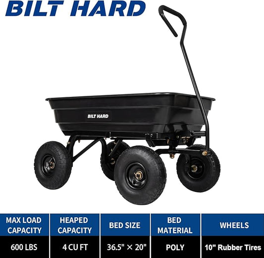 BILT HARD 600 lbs Poly Garden Dump Cart with 180° Rotating Handle, 4 Cu.Ft. Capacity Heavy Duty 4 Wheel Garden Carts for Yard, Outdoor