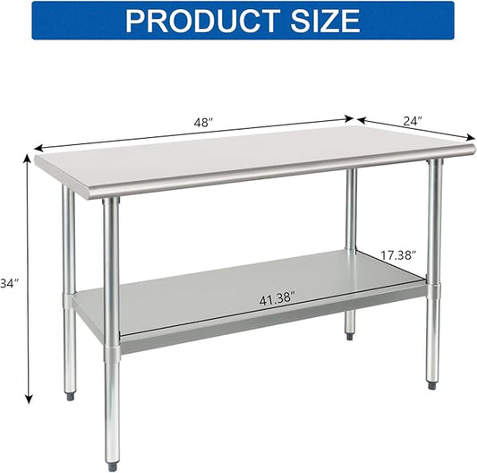 HARDURA Stainless Steel Table 24X48 Inches with Undershelf and Galvanized Legs NSF Heavy Duty Commercial Prep Work Table for Restaurant Kitchen Home and Hotel